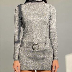 INC Silver Metallic Sparkle Low Waist Belted Turtleneck Bodycon Dress.